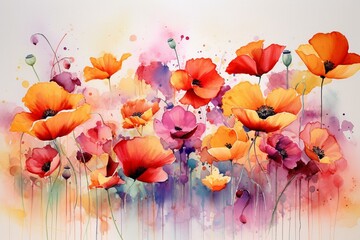 Abstract watercolor poppies in colorful field. Generative AI