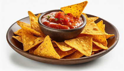 Nachos Mexican corn chips with salsa sauce isolated on white background. - obrazy, fototapety, plakaty