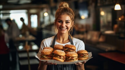 happy waitress holding burgers at restaurant - obrazy, fototapety, plakaty