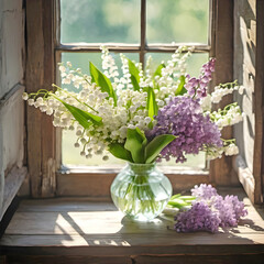 Lilacs and Lily of the Valley floral bouquet in glass vase in rustic window nook with sunlight