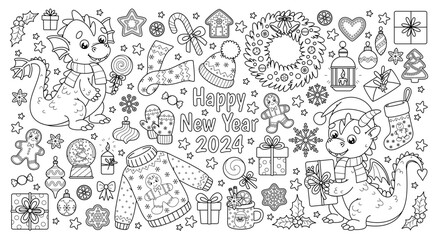 Outline set of Christmas elements and symbols Chinese New Year 2024 for holiday design. Cute Dragons, Xmas sweets and decorations. Vector contour cartoon illustrations perfect for kids coloring page.