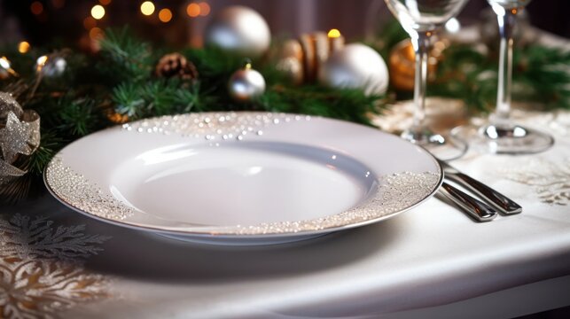 New Year's table set with cutlery and plate.