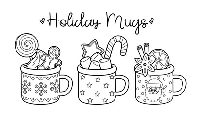 Outline cartoon Christmas cocoa mugs for holiday design. Xmas coffee cups with candy, gingerbread, cinnamon, marshmallow. Vector contour illustrations of New Year drinks perfect for coloring page.