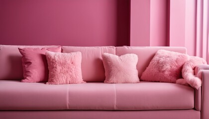 Living room decor: Pink tones, soft sofa, fluffy blanket, and soft pillows