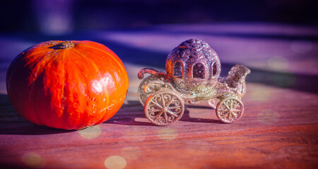 Fairy Tale concept. Carriage and pumpkin near. Magical Illustration 