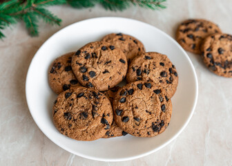 Chocolate cookies on a plate with spruce branches on the table. Dark chocolate cookies on a plate, Christmas cookies chocolate cinnamon sweet dessert holiday treat new year and christmas food