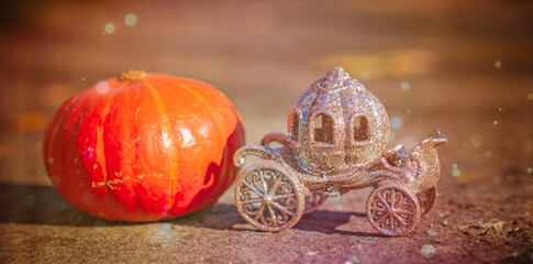 Fairy Tale concept. Carriage and pumpkin near. Magical Illustration 