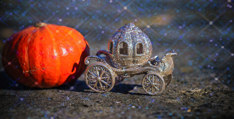 Fairy Tale concept. Carriage and pumpkin near. Magical Illustration 