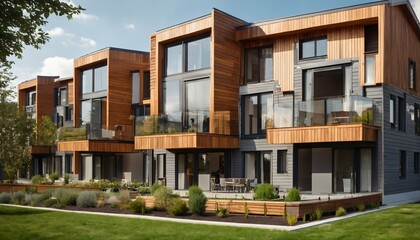 Fototapeta premium Modern multifamily homes: Eco-friendly design featuring photovoltaic cells
