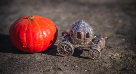 Fairy Tale concept. Carriage and pumpkin near. Magical Illustration 