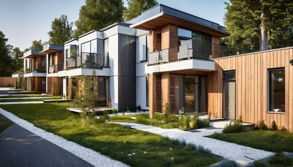 Fototapeta premium Modern multifamily homes: Eco-friendly design featuring photovoltaic cells