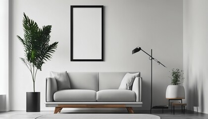 Vertical black frame poster mockup: Set against a white wall interior