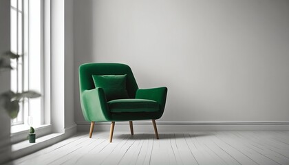 Green armchair in a Scandinavian living room with empty white wall