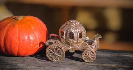 Fairy Tale concept. Carriage and pumpkin near. Magical Illustration 