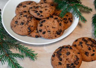 Chocolate cookies on a plate with spruce branches on the table. Dark chocolate cookies on a plate, Christmas cookies chocolate cinnamon sweet dessert holiday treat new year and christmas food