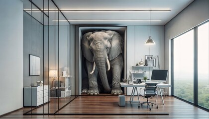 Elephant in the room concept. Huge elephant in a small office room. - obrazy, fototapety, plakaty