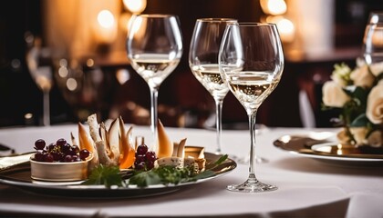 Elegant wedding decoration with wine glass and appetizers on a restaurant table in a soft light and romantic atmosphere - obrazy, fototapety, plakaty