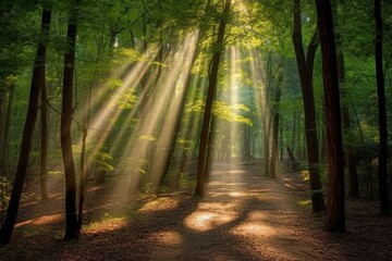 Gorgeous rays shine through woods. Generative AI