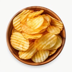 Bowl of crispy wavy potato chips or crisps isolated on a white background, top view