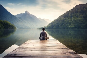 Man meditating on wooden pier near river, back view. Space for text - obrazy, fototapety, plakaty