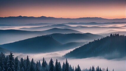 Obraz premium foggy mountain layers before sunrise horizon, winter