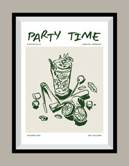Cocktail hand drawn vector illustration in a poster frame. Art for poster design, postcards, branding, logo design, background.