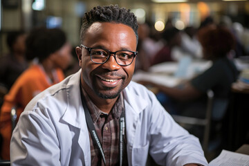 Obraz premium Smiling professional England doctor wears white coat, glasses and stethoscope looking at camera. Happy bearded senior physician or therapist with dental smile posing for close up head shot portrait..