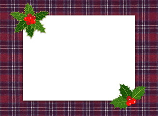 Christmas holiday invitation card on checkered fabric background with white blank paper for text.