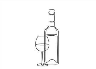 Continuous line one drawing of wine bottle with wineglass. Vector illustration.