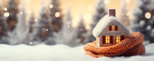 Naklejka premium House wrapped up warm with a knitted scarf. Winter heating and energy concept. Generative AI