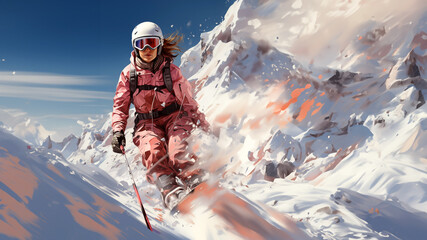 Skifahrer in den Bergen als Zeichnung Polygon im Querformat als Banner, ai generativ - obrazy, fototapety, plakaty