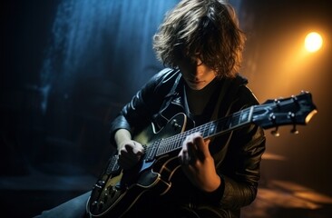Obraz premium young man playing guitar with dark background