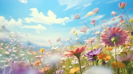 A vibrant field of colorful flowers under a clear blue sky. AI generative.