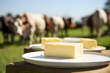 Blocks of butter on plates with cows on meadow in blurry background - obrazy, fototapety, plakaty