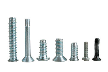 Bolts screws self-tapping screws of various shapes and sizes for connecting fastener elements isolated on a white background