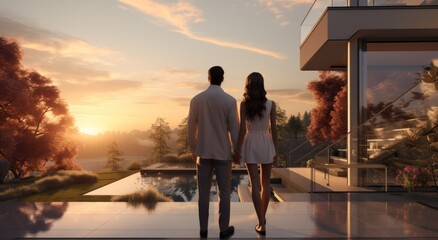 a couple is standing in front of a home with a beautiful view in a country setting - obrazy, fototapety, plakaty