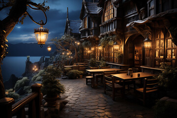 Exterior of hotel in ancient European architectural style, at night