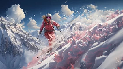 Deurstickers Skifahrer in den Bergen als Zeichnung Polygon im Querformat als Banner, ai generativ © www.freund-foto.de