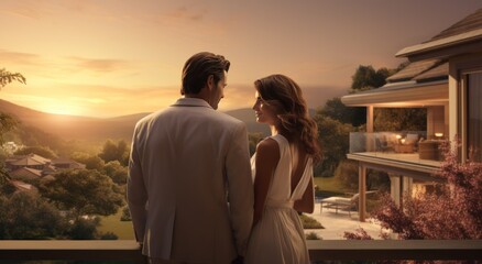 a couple is standing in front of a home with a beautiful view in a country setting - obrazy, fototapety, plakaty