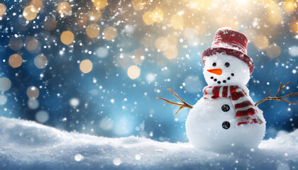 Naklejka na ściany i meble Christmas winter background with snowman and blurred bokeh