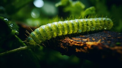 Naklejka premium Tiny Explorer: A Caterpillar's Journey Across a Branch