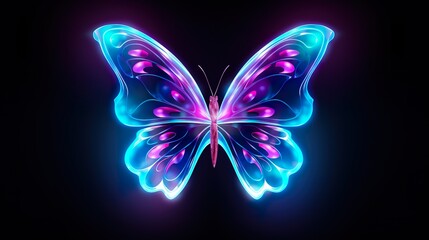 beautiful purple neon glowing butterfly illustration at black background, colorful magic wallpaper
