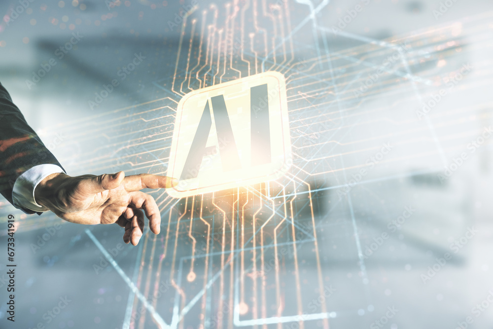 Poster double exposure of man hand presses on creative artificial intelligence icon on blurred office backg