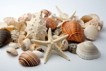 Various seashells and starfish arranged on a plain white background. Generative AI