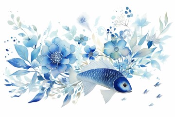 Blue watercolor illustration of ray fish with floral composition on white background. Generative AI - obrazy, fototapety, plakaty