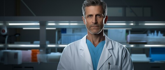 American male doctor with serious expression in the hospital looking at the camera