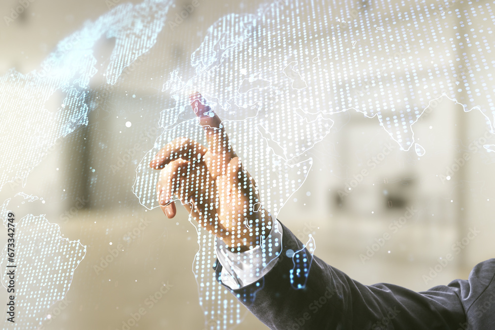 Poster man hand working with abstract creative world map interface on blurred office background, internatio