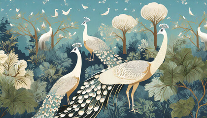 pattern wallpaper with white peacock birds with trees plants and birds in a vintage style landscape blue sky background