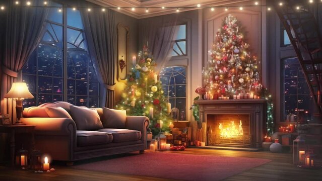 Christmas, New Year interior on living room with sofa and fireplace, decorated fir tree, garlands and balls. cartoon or anime watercolor illustration style looping video background