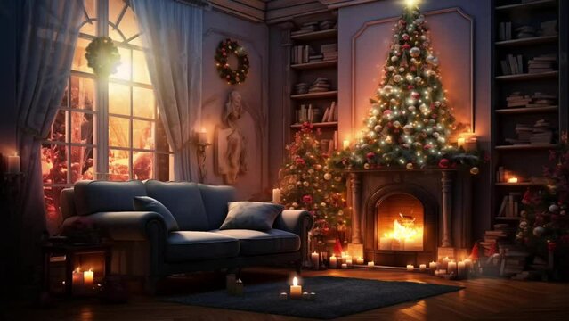Christmas, New Year interior on living room with sofa and fireplace, decorated fir tree, garlands and balls. cartoon or anime watercolor illustration style looping video background